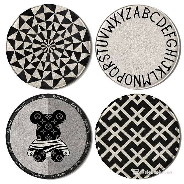 Four Round Rugs With Geometric Cartoon Letter And Maze Patterns 3d model