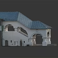 Detached Villa Exterior Design With Blue Roof White Walls Arched Porch And Staircase