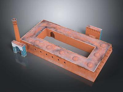 Red Brick Building With Square Structure Central Opening Tall Chimney And Blue Decorated Arches 3d model
