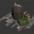 Wooden Barrel With Small Yellow Doll White Bones Crate And Colorful Planks