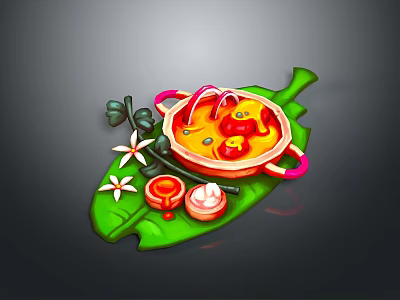Delicious Spicy Stew Served On Green Leaf With Fresh Herbs And Side Sauce 3d model
