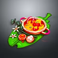Delicious Spicy Stew Served On Green Leaf With Fresh Herbs And Side Sauce