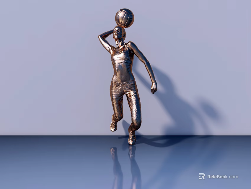 Metallic Human Figure Sculpture In Running Pose With Ball On Head 3d model 