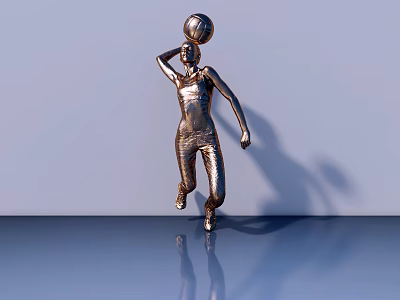 Metallic Human Figure Sculpture In Running Pose With Ball On Head 3d model