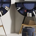 Elegant Round Blue Console Side Cabinet With Metal Frame Displaying Books And Decorative Items 3d model