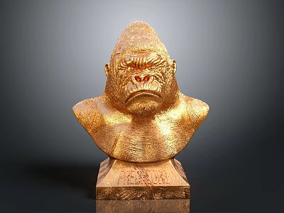 Artistic Golden Gorilla Bust Sculpture With Detailed Texture On Square Base 3d model