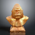 Artistic Golden Gorilla Bust Sculpture With Detailed Texture On Square Base