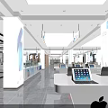 Spacious Digital Store Interior With Glass Display Counters Hanging Billboards And Tech Products 3d model