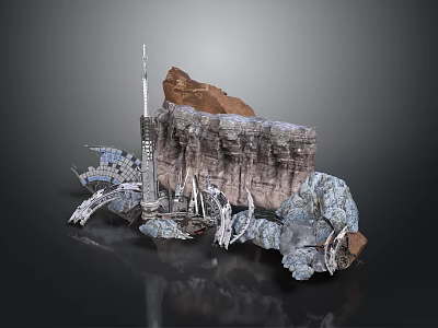 Futuristic Rocky Cliff Scene With Tall Tower And Metal Mechanical Structures 3d model