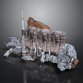 Futuristic Rocky Cliff Scene With Tall Tower And Metal Mechanical Structures