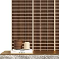 Modern Reception Desk with Stone Countertop Wooden Slat Backdrop and Pendant Lights