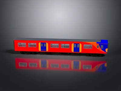 Red And Blue Passenger Train Car With Windows Doors On Gray Background And Reflection 3d model