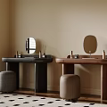 Elegant Wooden Dressing Tables With Round Mirrors And Stools In Beige Interior 3d model