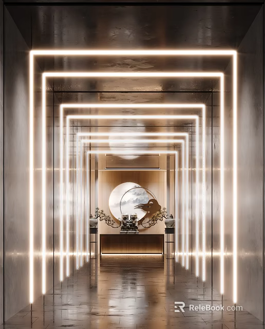 Modern Elevator Lobby Interior With Mirror Walls LED Lights Circular Art And Decorative Sculptures 3d model 