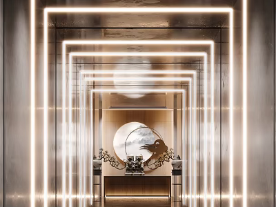 Modern Elevator Lobby Interior With Mirror Walls LED Lights Circular Art And Decorative Sculptures 3d model
