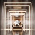 Modern Elevator Lobby Interior With Mirror Walls LED Lights Circular Art And Decorative Sculptures
