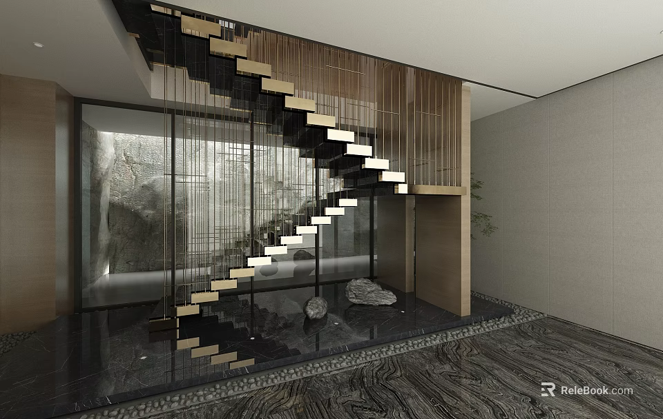 Modern Staircase Interior Design With Glass Railing Metal Structure And Stone Floor 3d model 