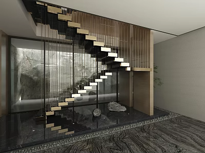 Modern Staircase Interior Design With Glass Railing Metal Structure And Stone Floor 3d model