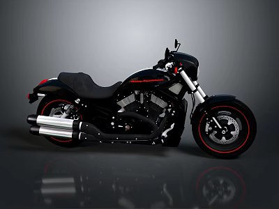 Black Motorcycle with Red Accent Wheels Black Leather Seat Chrome Exhaust Pipes Modern Cruiser Design 3d model