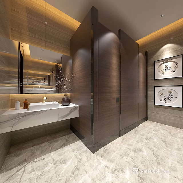 Modern Public Restroom Interior With Marble Countertop Mirror Lighting And Decorative Paintings 3d model 
