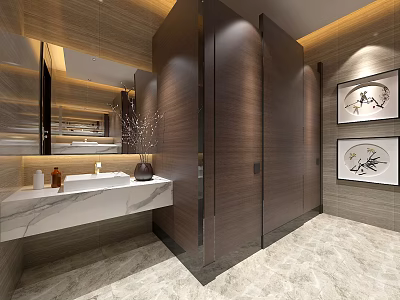 Modern Public Restroom Interior With Marble Countertop Mirror Lighting And Decorative Paintings 3d model