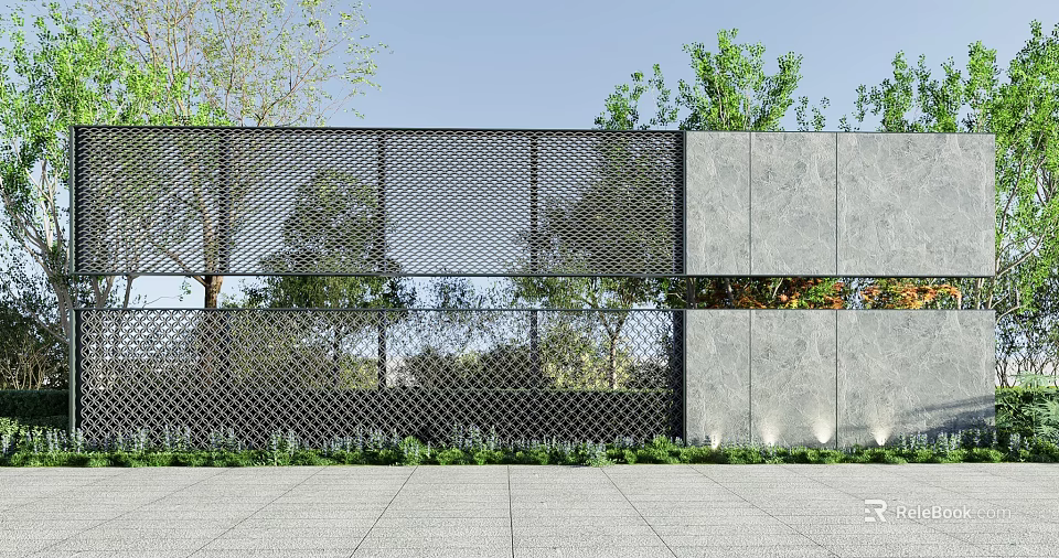 Modern Feature Wall With Perforated Metal And Stone Panels Surrounded By Green Plants 3d model 