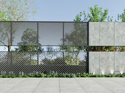 Modern Feature Wall With Perforated Metal And Stone Panels Surrounded By Green Plants 3d model