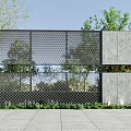 Modern Feature Wall With Perforated Metal And Stone Panels Surrounded By Green Plants