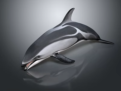 Gray And White Dolphin With Open Mouth On Reflective Dark Surface 3d model