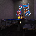 Modern Bar Interior With Neon Sign Purple Sofa And Wine Bottles On Shelves