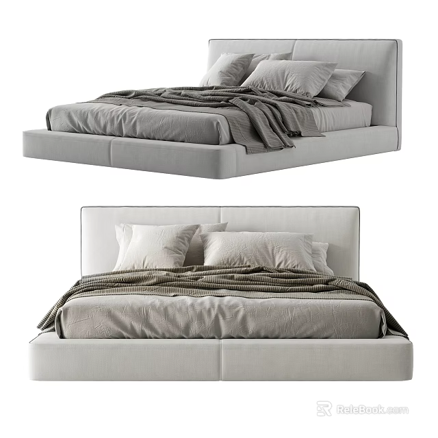 Modern Double Bed with Light Gray Frame Minimalist Headboard and Cozy Bedding 3d model 