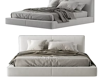 Modern Double Bed with Light Gray Frame Minimalist Headboard and Cozy Bedding 3d model
