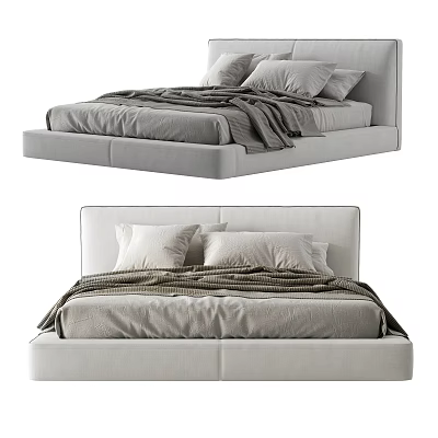Modern Double Bed with Light Gray Frame Minimalist Headboard and Cozy Bedding 3d model