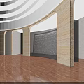 Elegant Front Desk Backdrop With Arched Columns Textured Surface Warm Lighting And Wooden Flooring
