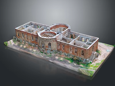 Red Brick Building Model with Circular Structure Windows Arches Steps and Grass 3d model