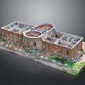 Red Brick Building Model with Circular Structure Windows Arches Steps and Grass