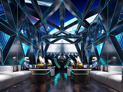 Modern KTV Interior With Luxurious Geometric Decor Blue Lighting And Comfortable Sofas 3d model