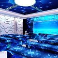 Modern Tech Conference Room Interior Design With Large Screen And Blue Tables 3d model
