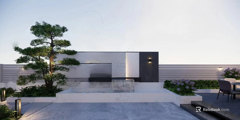 Modern Landscape Wall Design With Stone Panel Pine Tree Water Feature And Outdoor Lighting 3d model