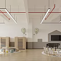 Kindergarten Interior Design With Circular Ceiling Lights Large Windows Curved Walls And Colorful Seats