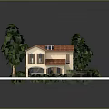 Small House with Red Roof Beige Walls Circular Patio and Green Grass Yard with Trees