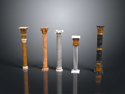Five Classical Columns Display With Diverse Styles And Decorative Details 3d model