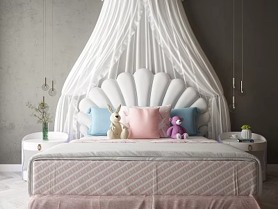 White Shell Shaped Headboard Kids Bed With White Canopy And Stuffed Toys 3d model
