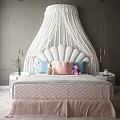 White Shell Shaped Headboard Kids Bed With White Canopy And Stuffed Toys