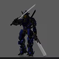 Blue And Yellow Mech Samurai Game Movie Character With Dual Swords And Armor