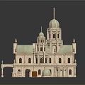 Ancient Church Style Architecture Model With Pink Exterior Green Roofs Domes Towers And Crosses