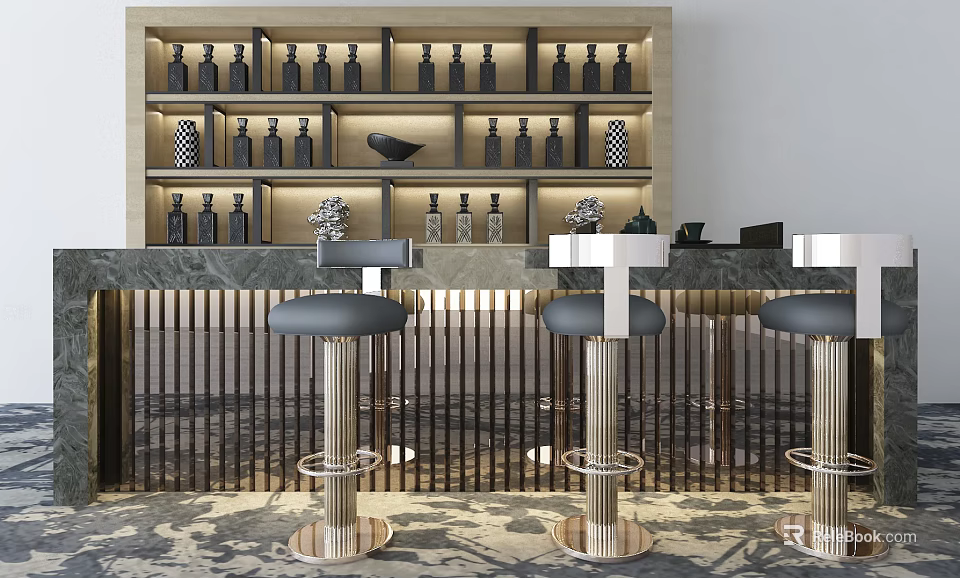 Modern Bar Counter with Marble Top Wine Shelves Metallic Stools and Decorative Plants 3d model 