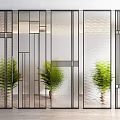 Modern Room Divider With Metal Frames Textured Glass And Green Plants In Interior Space 3d model