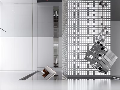 Modern Interior Design Featuring Geometric Metallic Sculpture And Reflective Grid Walls 3d model