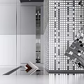 Modern Interior Design Featuring Geometric Metallic Sculpture And Reflective Grid Walls